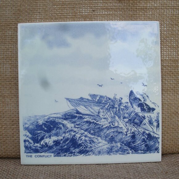 Vintage Delft Blue Whaling Scene Art Tile Trivet Holland - Picture 1 of 16